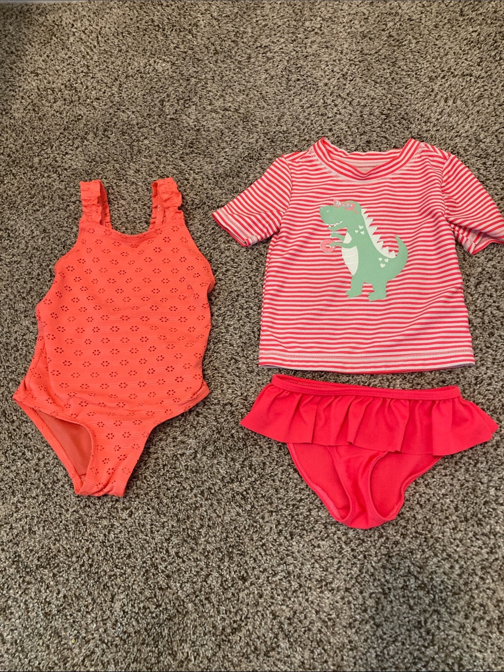 Kids Coral One-Piece Swimsuit and Pink Stripe Rash Guard Set